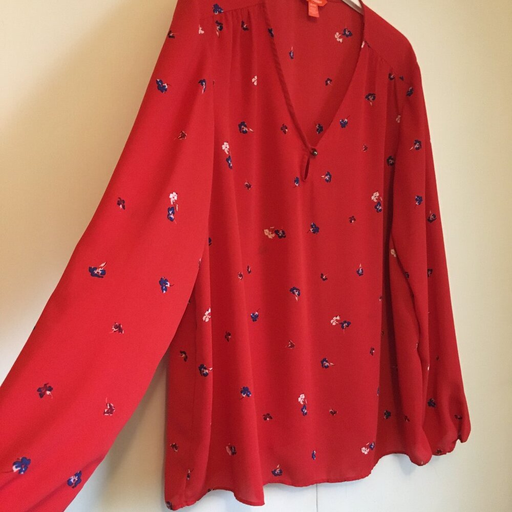 Joe Fresh Poppy Red Sheer Floral Blouse Peasant Sleeve V-Neck XL - Picture 5 of 16